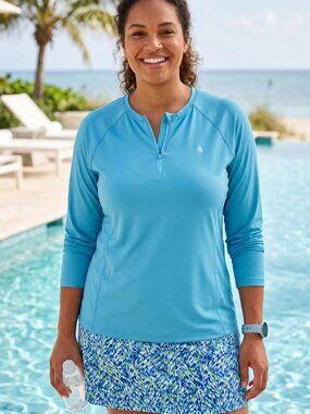 NWT Santiny Womens Blue UPF 50+ Sun Protection 1/4 Zip Thumbhole Pullover Top XL